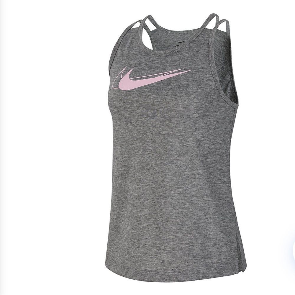 Nike Girls' Trophy Training Tank Top Medium Grey with Baby Pink Swoosh